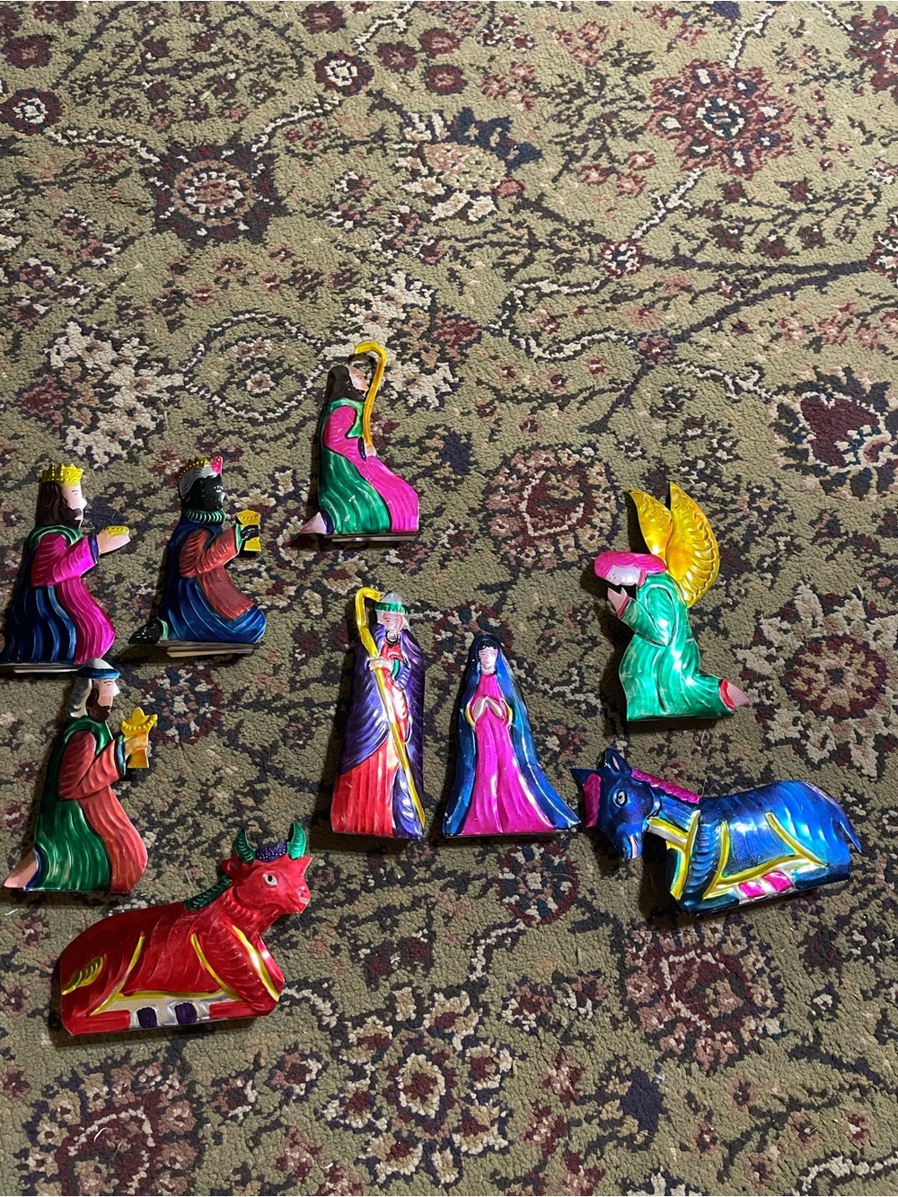 Vintage Mexican Folk Art Painted Tin Nativity Set (9 Pieces)